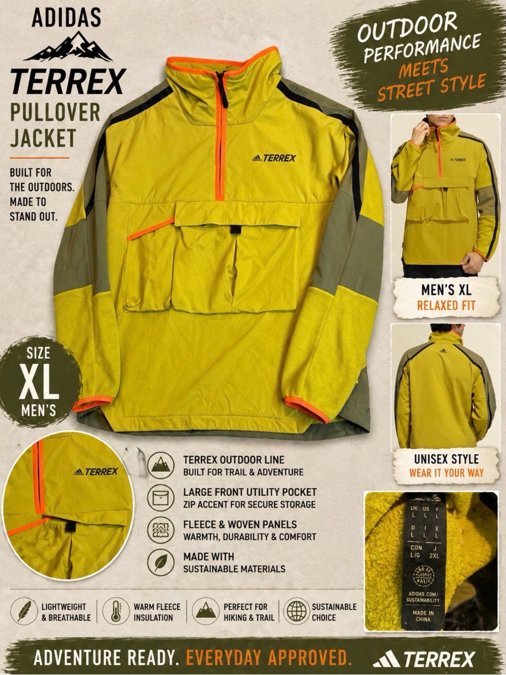Adidas Terrex Pullover Jacket XL Neon Yellow Trail Outdoor Tech